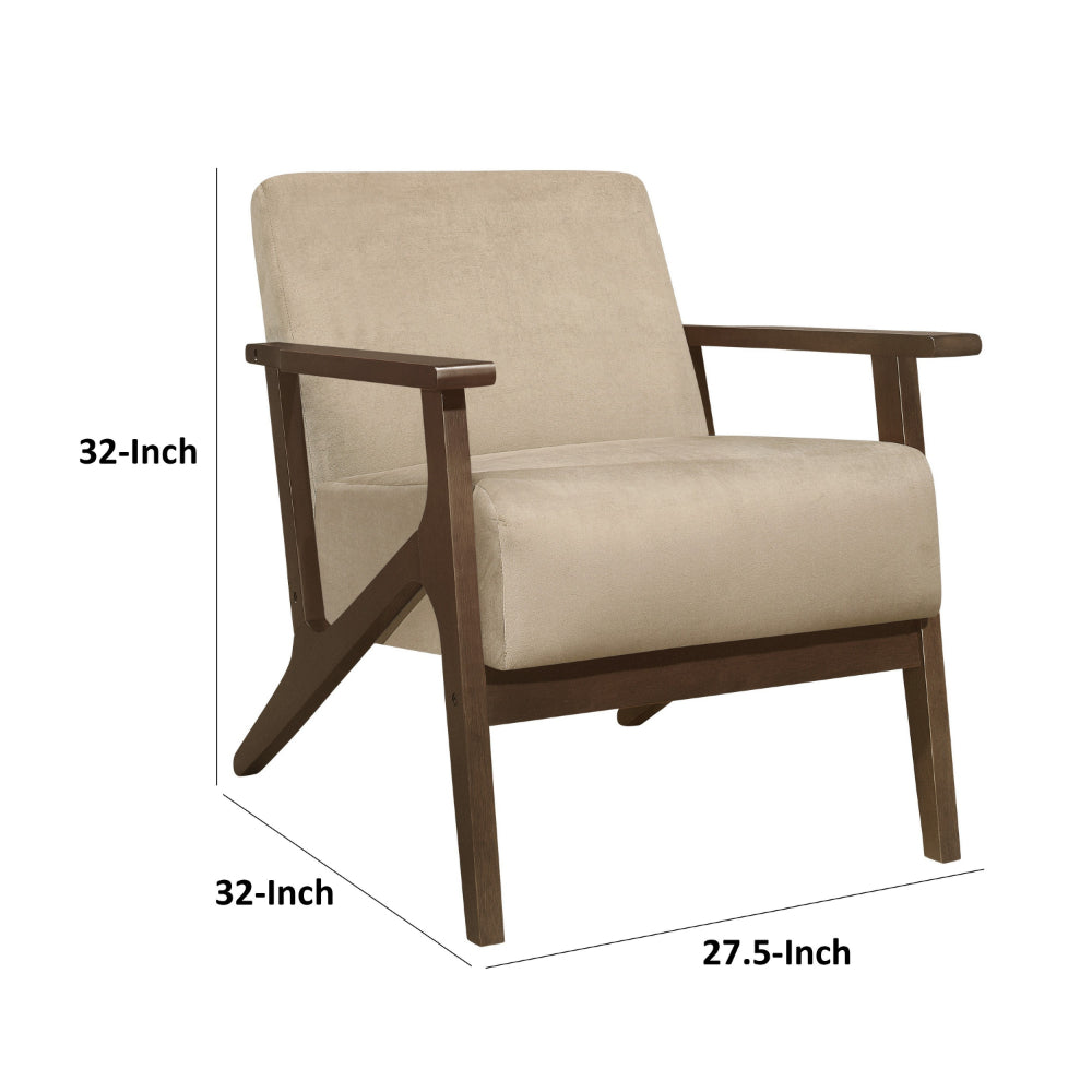 Rica 32 Inch Accent Armchair, Soft Beige Velvet, Walnut Brown Solid Wood - BM313124