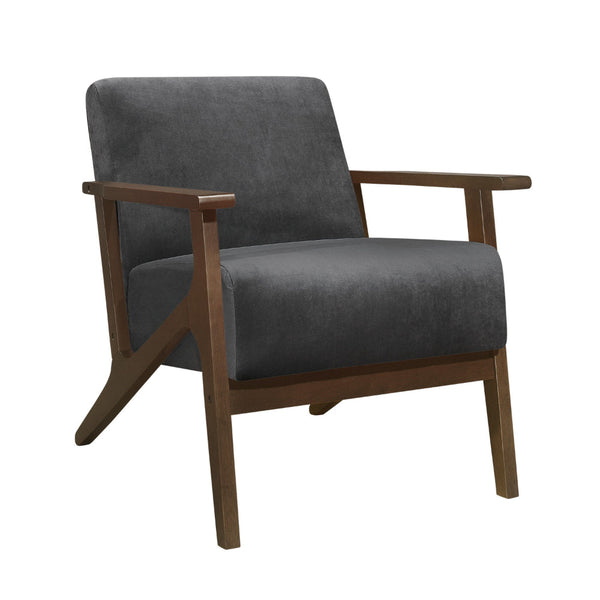 Rica 32 Inch Accent Armchair, Dark Gray Velvet, Walnut Brown Solid Wood - BM313125