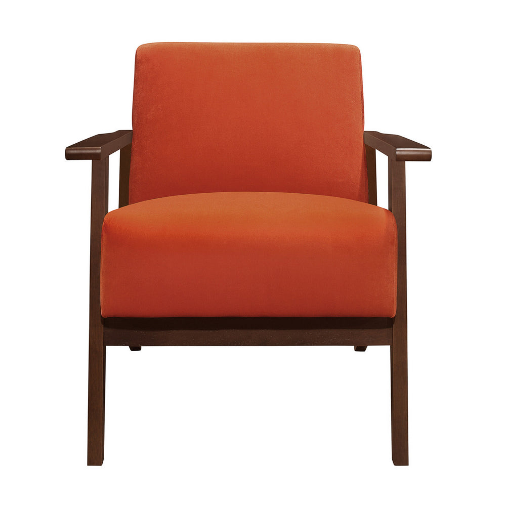 Rica 32 Inch Accent Armchair, Soft Orange Velvet, Walnut Brown Solid Wood - BM313126