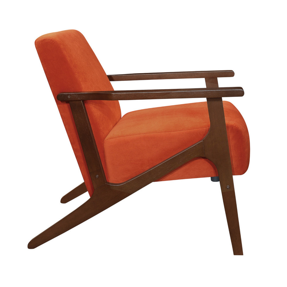 Rica 32 Inch Accent Armchair, Soft Orange Velvet, Walnut Brown Solid Wood - BM313126