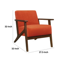 Rica 32 Inch Accent Armchair, Soft Orange Velvet, Walnut Brown Solid Wood - BM313126