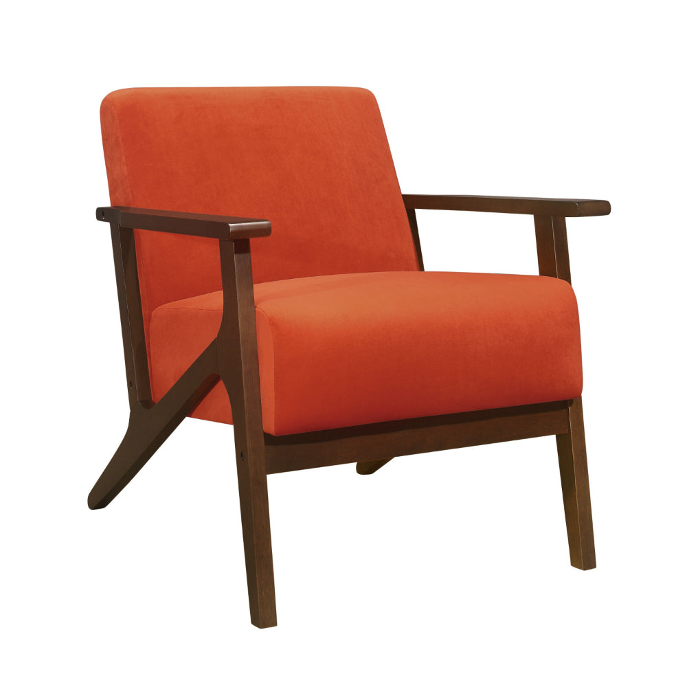 Rica 32 Inch Accent Armchair, Soft Orange Velvet, Walnut Brown Solid Wood - BM313126