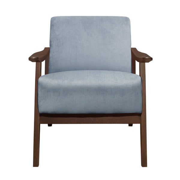 Rica 32 Inch Accent Armchair, Curved, Soft Blue Velvet, Brown Solid Wood - BM313127