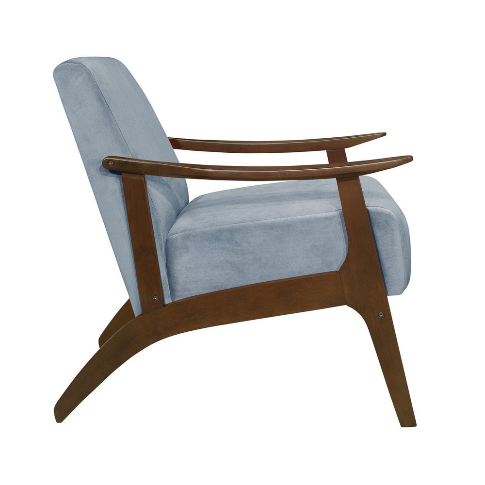 Rica 32 Inch Accent Armchair, Curved, Soft Blue Velvet, Brown Solid Wood - BM313127