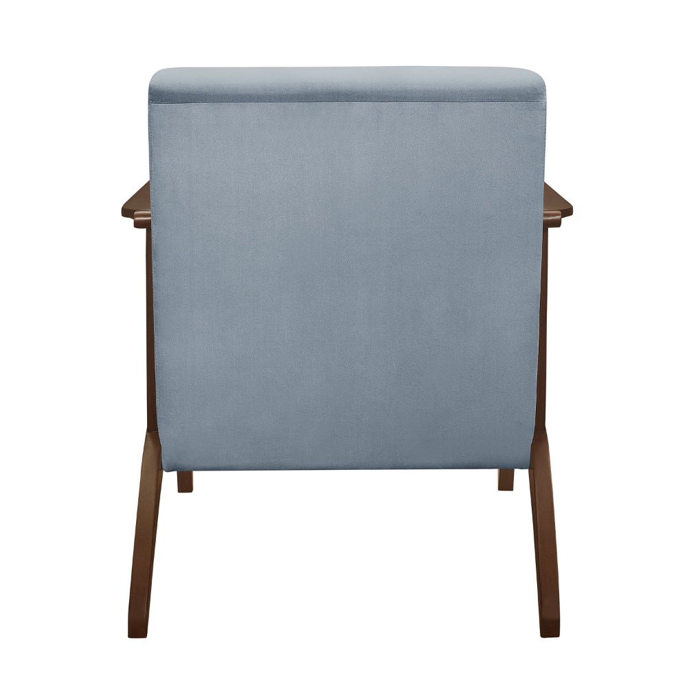 Rica 32 Inch Accent Armchair, Curved, Soft Blue Velvet, Brown Solid Wood - BM313127