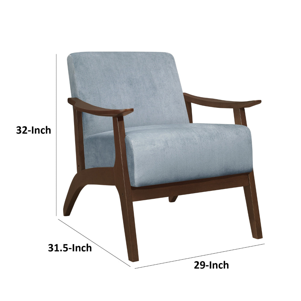 Rica 32 Inch Accent Armchair, Curved, Soft Blue Velvet, Brown Solid Wood - BM313127