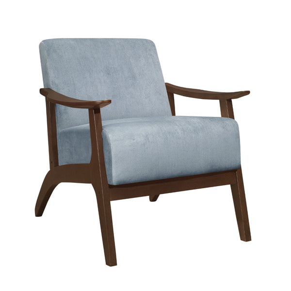 Rica 32 Inch Accent Armchair, Curved, Soft Blue Velvet, Brown Solid Wood - BM313127