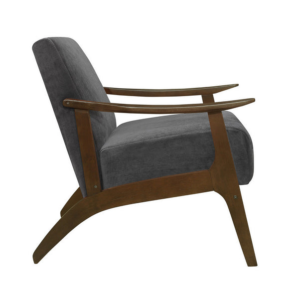 Rica 32 Inch Accent Armchair, Curved, Dark Gray Velvet, Brown Solid Wood - BM313128