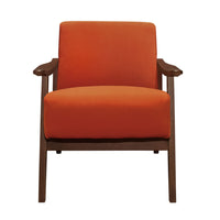 Rica 32 Inch Accent Armchair, Curved, Soft Orange Velvet, Brown Solid Wood - BM313129