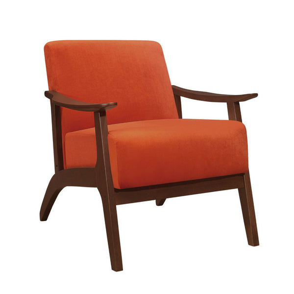 Rica 32 Inch Accent Armchair, Curved, Soft Orange Velvet, Brown Solid Wood - BM313129