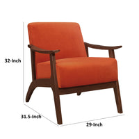 Rica 32 Inch Accent Armchair, Curved, Soft Orange Velvet, Brown Solid Wood - BM313129