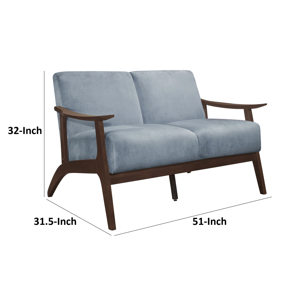 Rica 51 Inch Loveseat, Soft Blue Gray Velvet, Walnut Brown Solid Wood - BM313130