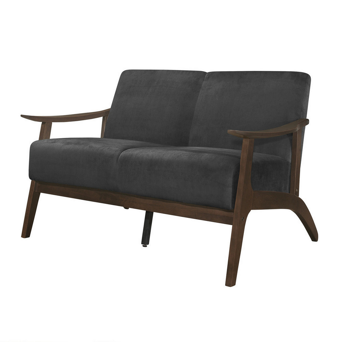 Rica 51 Inch Loveseat, Curved, Dark Gray Velvet, Walnut Brown Solid Wood - BM313132