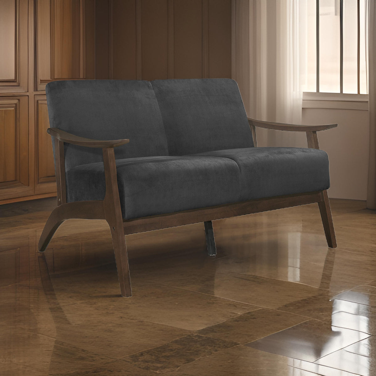 Rica 51 Inch Loveseat, Curved, Dark Gray Velvet, Walnut Brown Solid Wood - BM313132