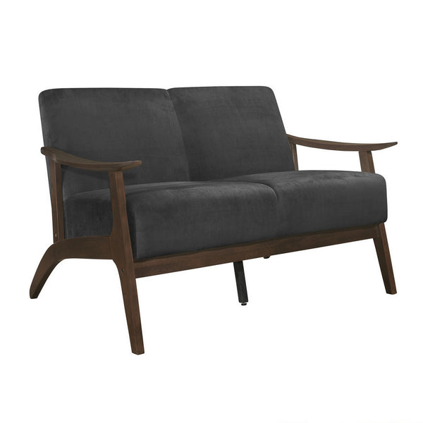 Rica 51 Inch Loveseat, Curved, Dark Gray Velvet, Walnut Brown Solid Wood - BM313132