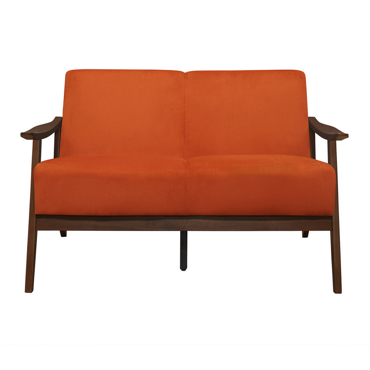 Rica 51 Inch Loveseat, Curved, Soft Orange Velvet, Walnut Brown Solid Wood - BM313133