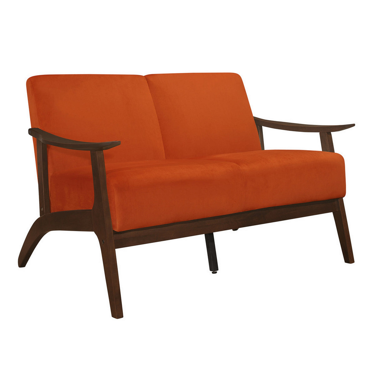 Rica 51 Inch Loveseat, Curved, Soft Orange Velvet, Walnut Brown Solid Wood - BM313133