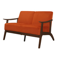 Rica 51 Inch Loveseat, Curved, Soft Orange Velvet, Walnut Brown Solid Wood - BM313133