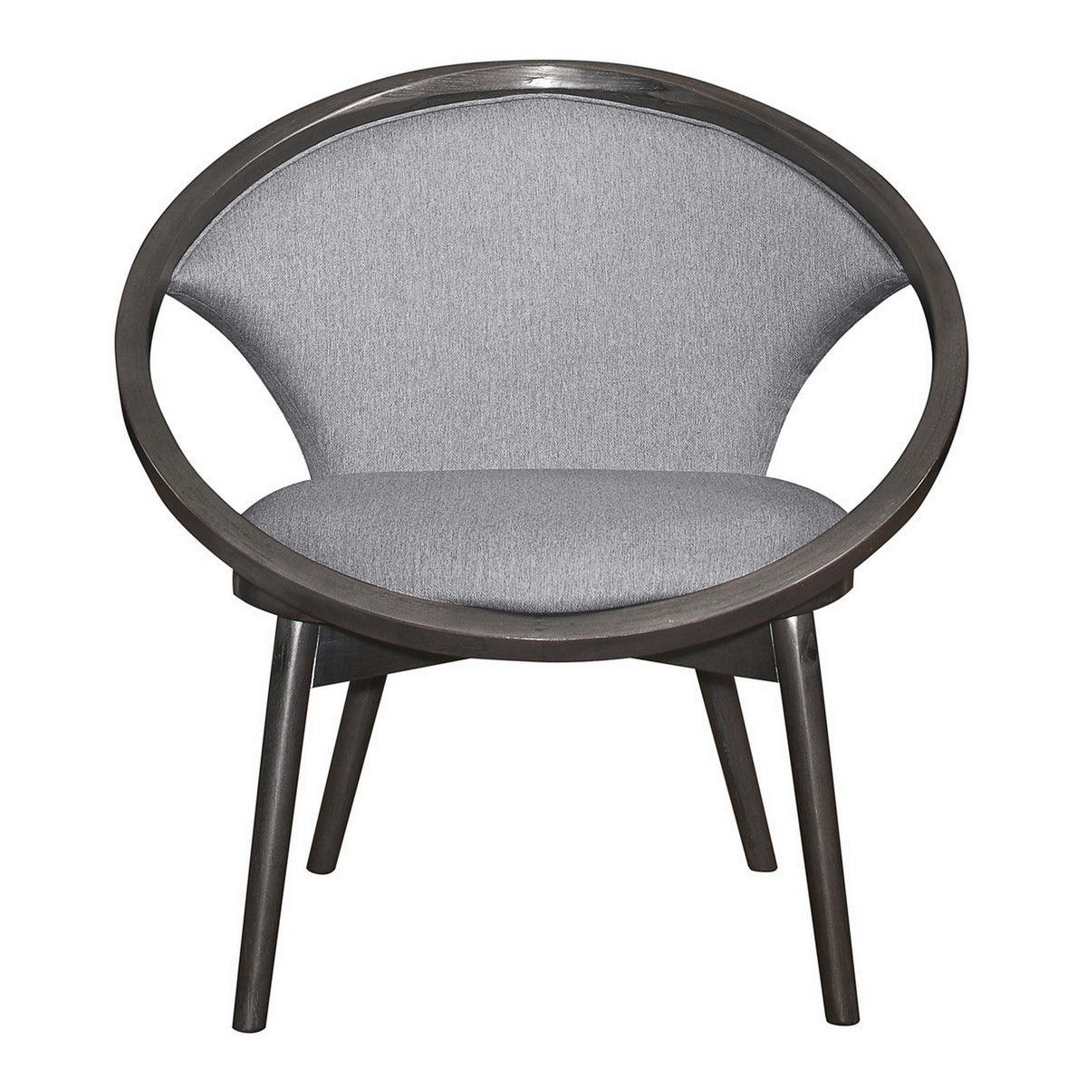 Lara 32 Inch Accent Chair, Gray Polyester, Dark Round Solid Wood Frame - BM313138