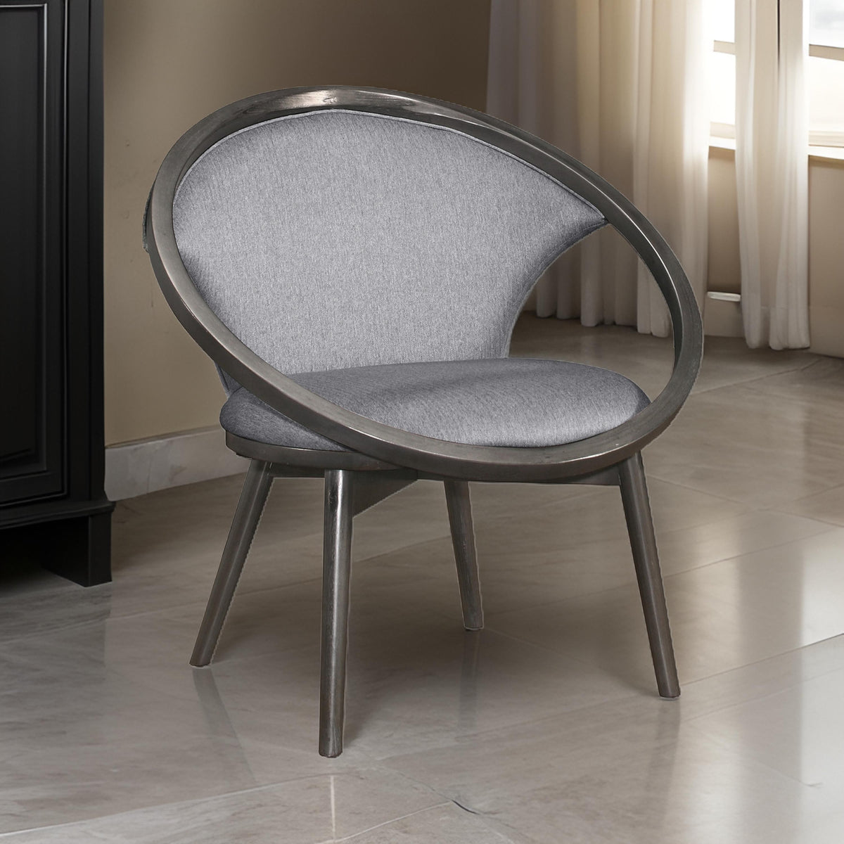 Lara 32 Inch Accent Chair, Gray Polyester, Dark Round Solid Wood Frame - BM313138