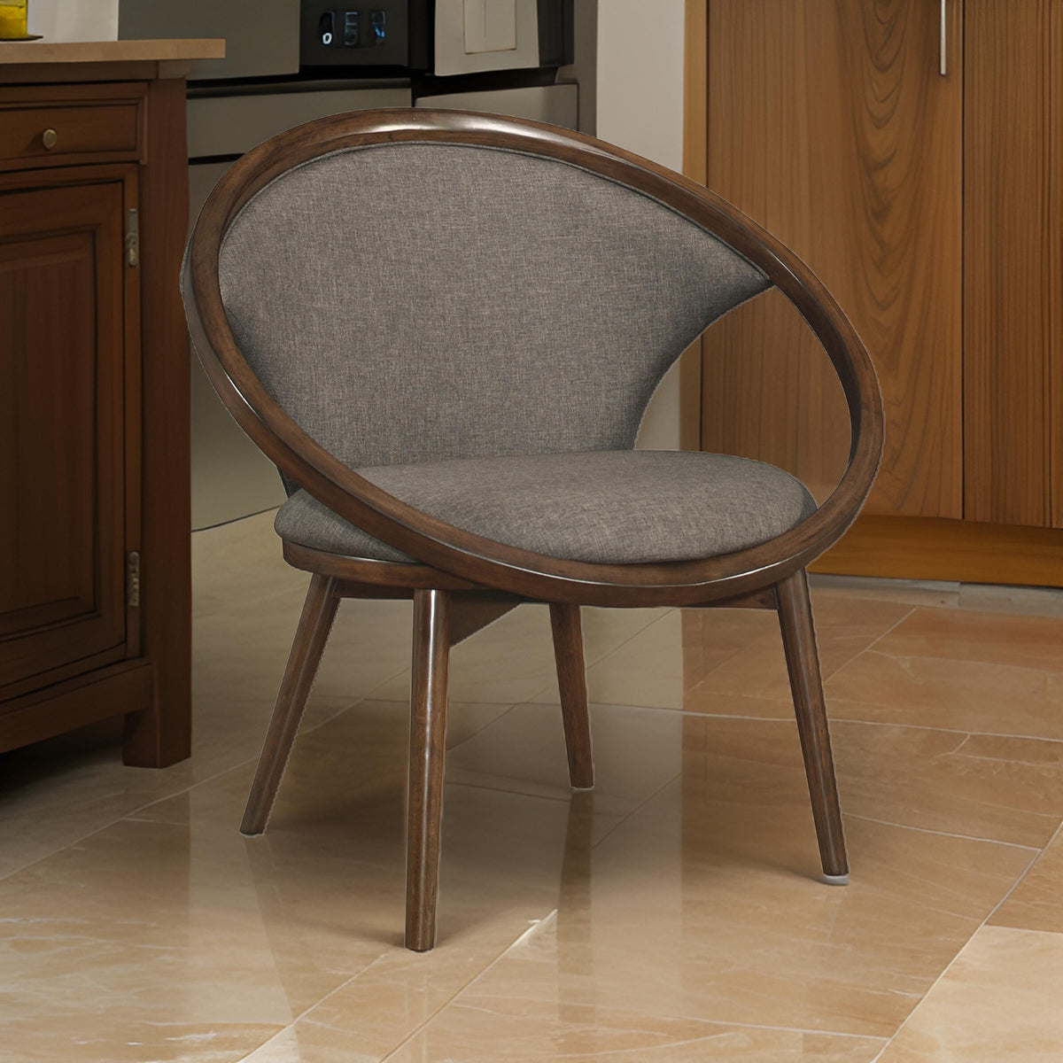 Lara 32 Inch Accent Chair, Brown Polyester, Dark Round Solid Wood Frame - BM313139