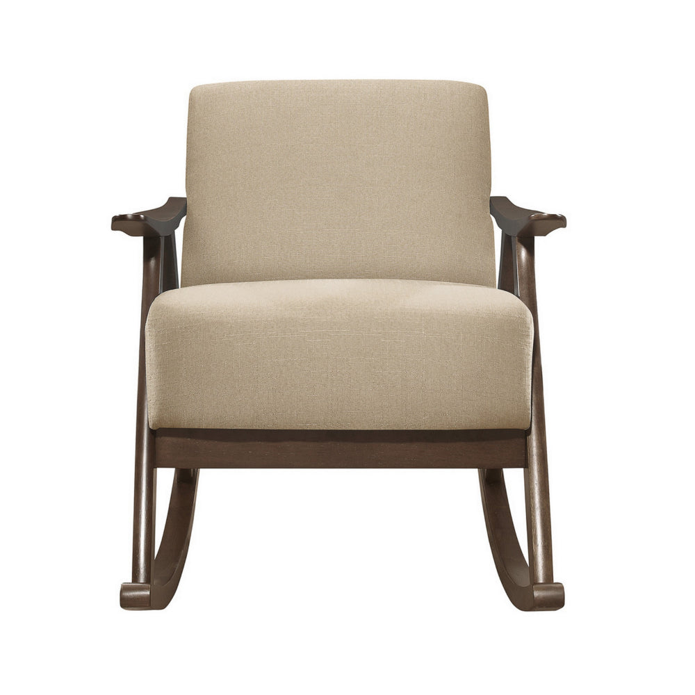 Tim 37 Inch Rocking Armchair, Beige Polyester, Walnut Brown Solid Wood - BM313142