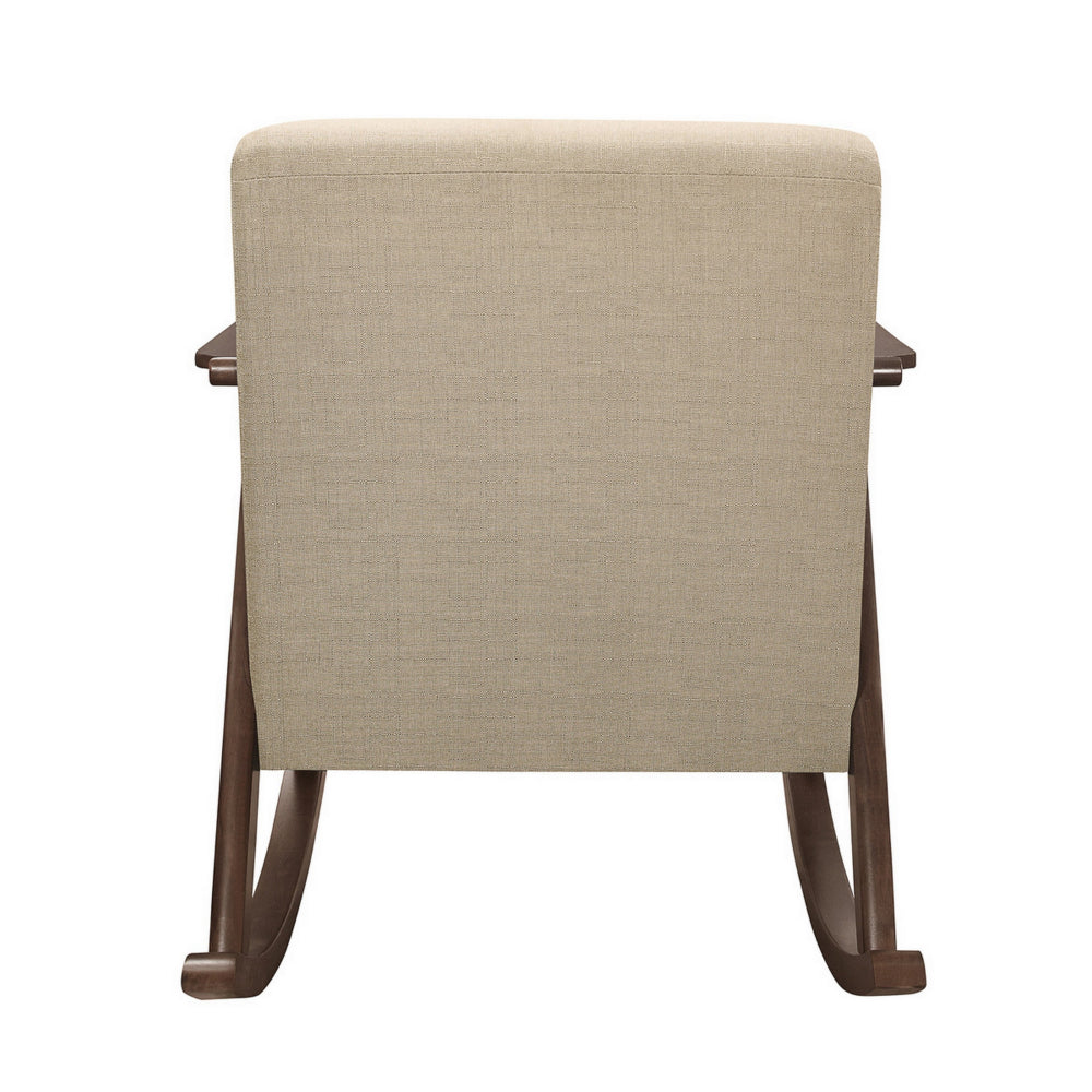 Tim 37 Inch Rocking Armchair, Beige Polyester, Walnut Brown Solid Wood - BM313142