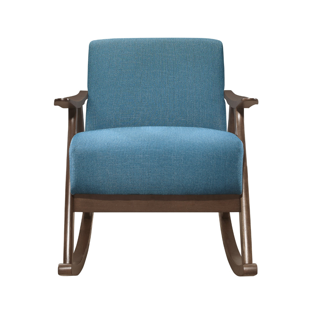 Tim 37 Inch Rocking Armchair, Blue Polyester, Walnut Brown Solid Wood - BM313143