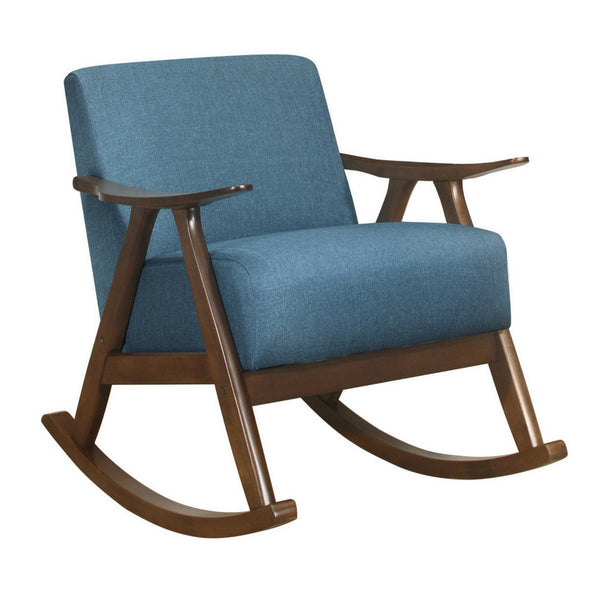 Tim 37 Inch Rocking Armchair, Blue Polyester, Walnut Brown Solid Wood - BM313143