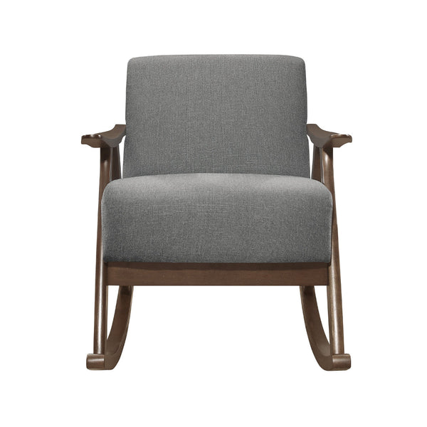 Tim 37 Inch Rocking Armchair, Gray Polyester, Walnut Brown Solid Wood - BM313144