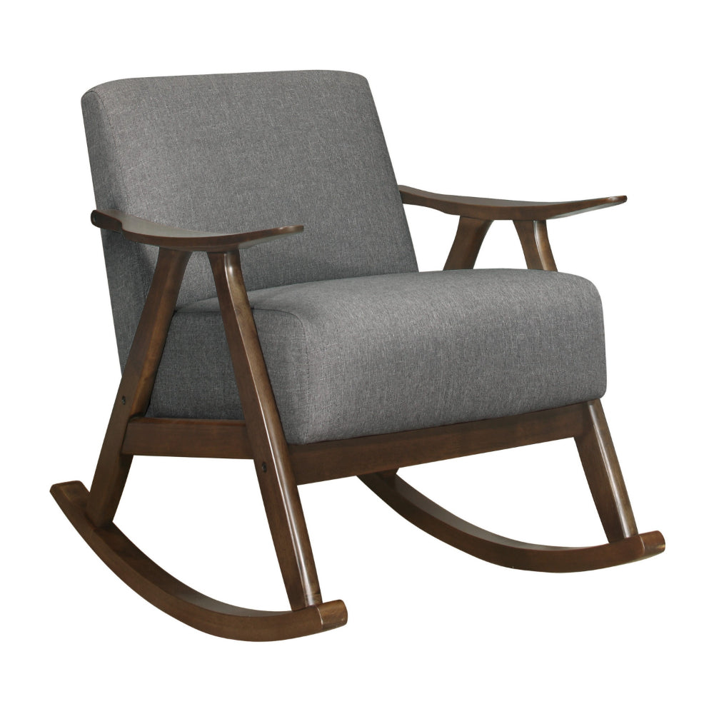 Tim 37 Inch Rocking Armchair, Gray Polyester, Walnut Brown Solid Wood - BM313144