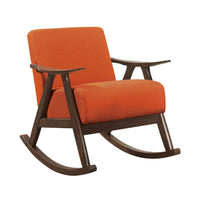 Tim 37 Inch Rocking Armchair, Orange Polyester, Walnut Brown Solid Wood - BM313145