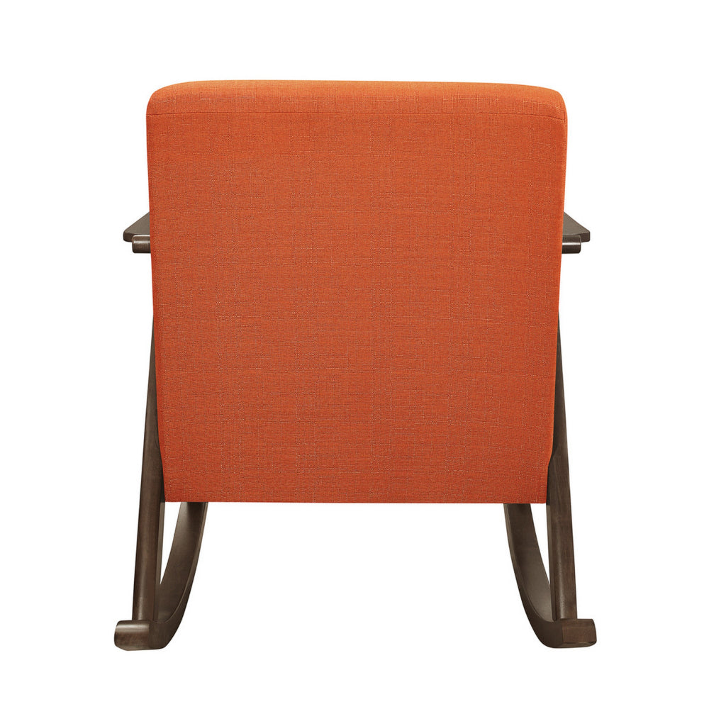 Tim 37 Inch Rocking Armchair, Orange Polyester, Walnut Brown Solid Wood - BM313145