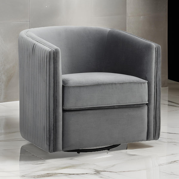 31 Inch Swivel Accent Chair, Soft Gray Velvet, Round Solid Wood Frame - BM313148