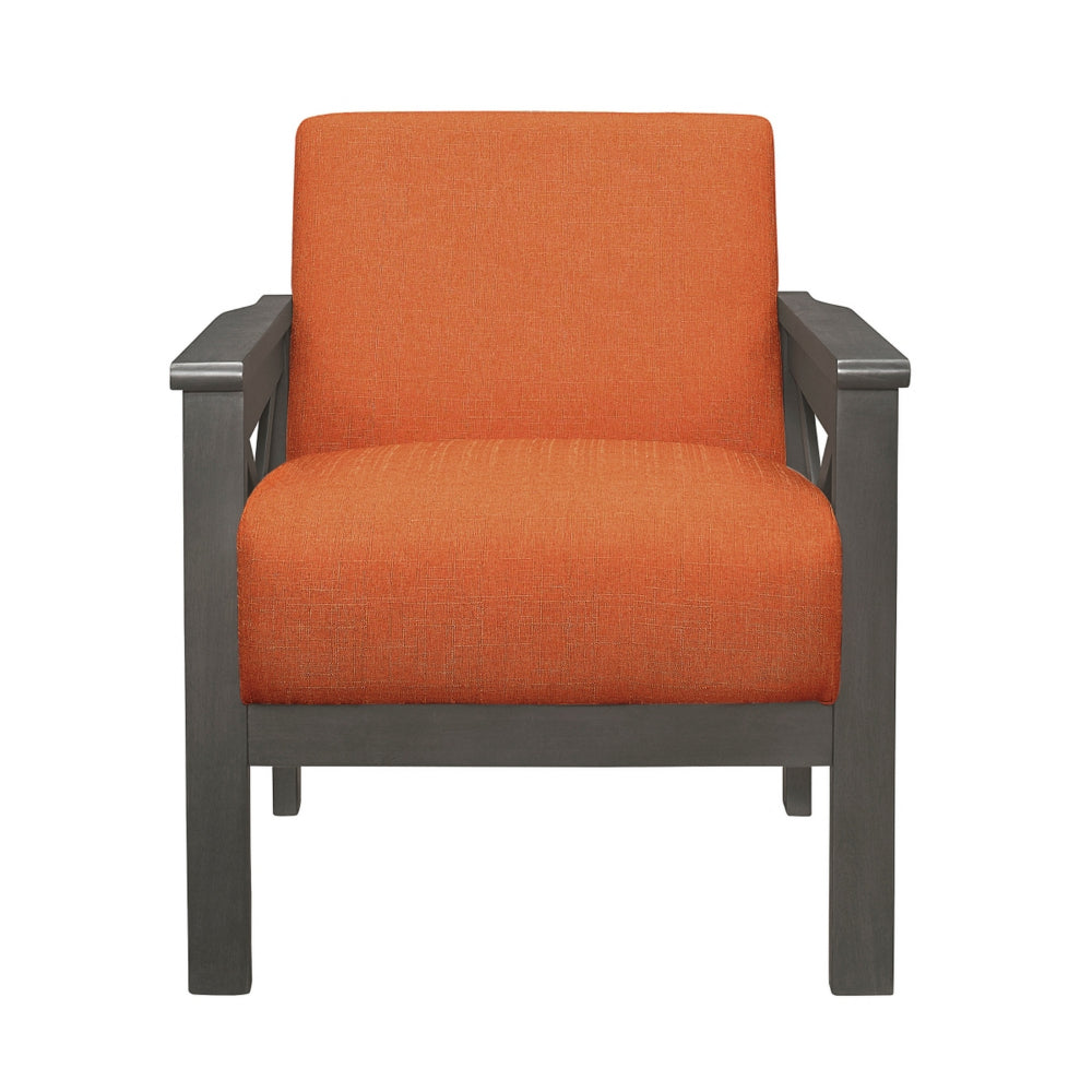 Bea 31 Inch Accent Chair Wood Armchair, Orange Textured Cushions, Gray - BM313155