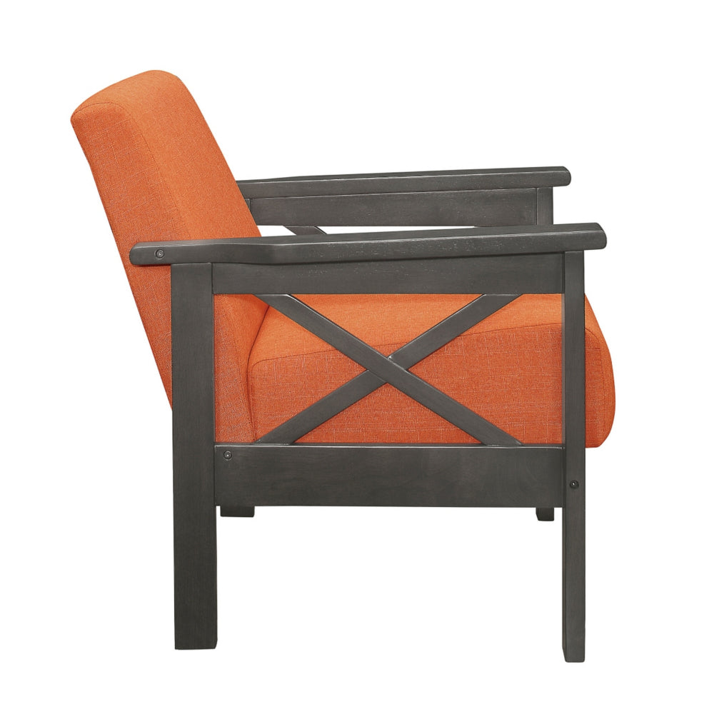 Bea 31 Inch Accent Chair Wood Armchair, Orange Textured Cushions, Gray - BM313155