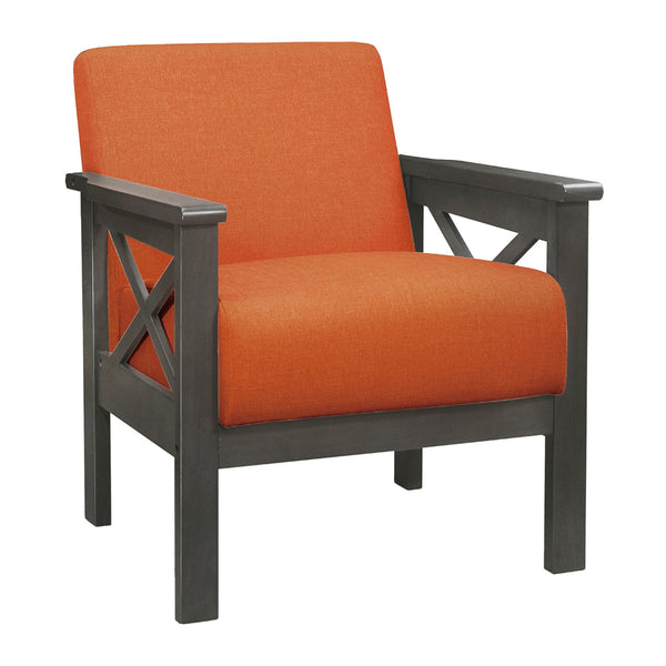 Bea 31 Inch Accent Chair Wood Armchair, Orange Textured Cushions, Gray - BM313155