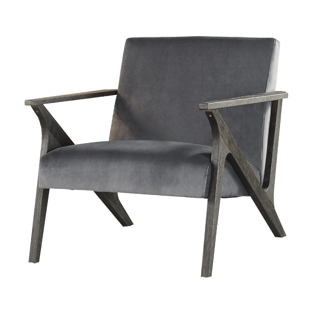 Esme 35 Inch Accent Chair Armchair, Rubberwood, Velvet Cushioned Seat, Gray - BM313156