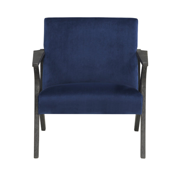 Esme 35 Inch Accent Chair Wood Armchair, Blue Velvet Cushioned Seat, Gray - BM313157