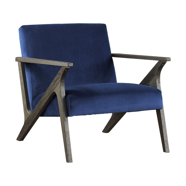 Esme 35 Inch Accent Chair Wood Armchair, Blue Velvet Cushioned Seat, Gray - BM313157