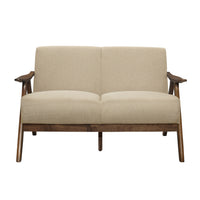 Indy 51 Inch Loveseat, Brown Rubberwood Angled Frame, Textured Beige Fabric - BM313158