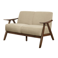 Indy 51 Inch Loveseat, Brown Rubberwood Angled Frame, Textured Beige Fabric - BM313158