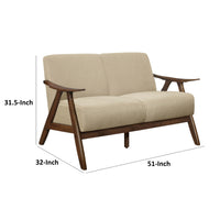 Indy 51 Inch Loveseat, Brown Rubberwood Angled Frame, Textured Beige Fabric - BM313158