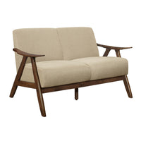 Indy 51 Inch Loveseat, Brown Rubberwood Angled Frame, Textured Beige Fabric - BM313158