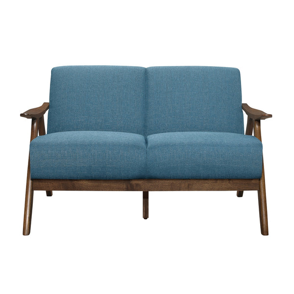 Indy 51 Inch Loveseat, Brown Rubberwood Angled Frame, Textured Blue Fabric - BM313159