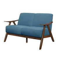 Indy 51 Inch Loveseat, Brown Rubberwood Angled Frame, Textured Blue Fabric - BM313159