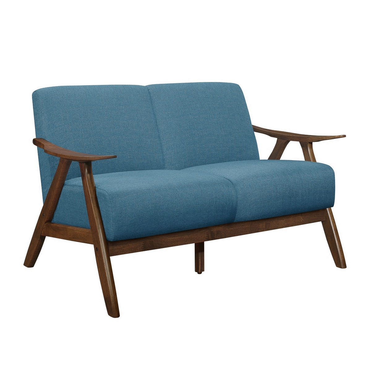 Indy 51 Inch Loveseat, Brown Rubberwood Angled Frame, Textured Blue Fabric - BM313159