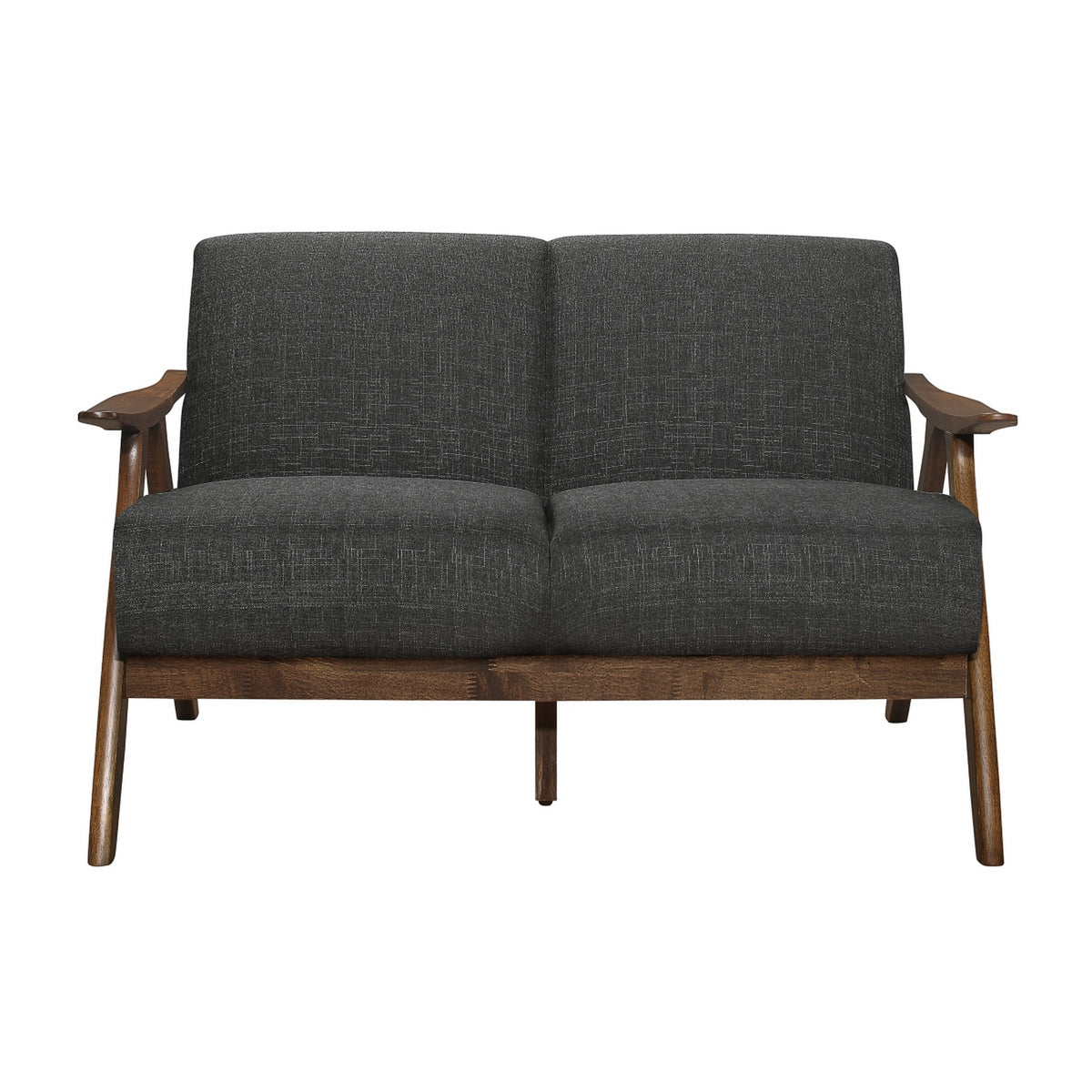 Indy 51 Inch Loveseat, Brown Rubberwood Angled Frame, Textured Gray Fabric - BM313160