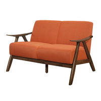 Indy 51 Inch Loveseat, Brown Wood Angled Frame, Textured Orange Fabric - BM313162