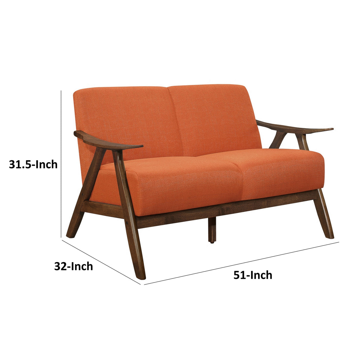 Indy 51 Inch Loveseat, Brown Wood Angled Frame, Textured Orange Fabric - BM313162